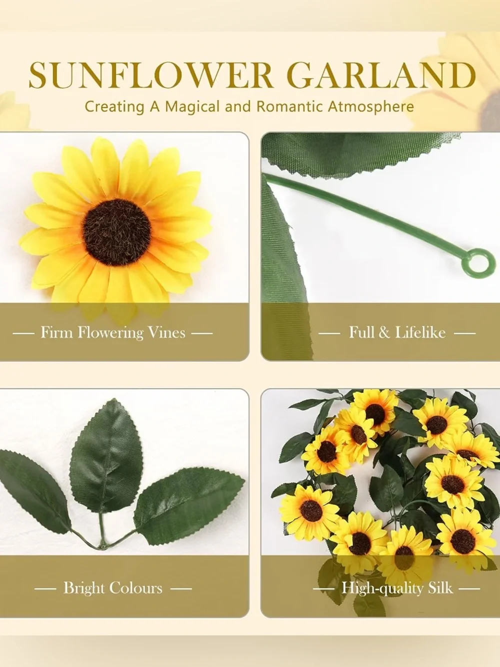 Silk Sunflower Garland Decor, 4 Vines Included, 7.4 ft Long Each